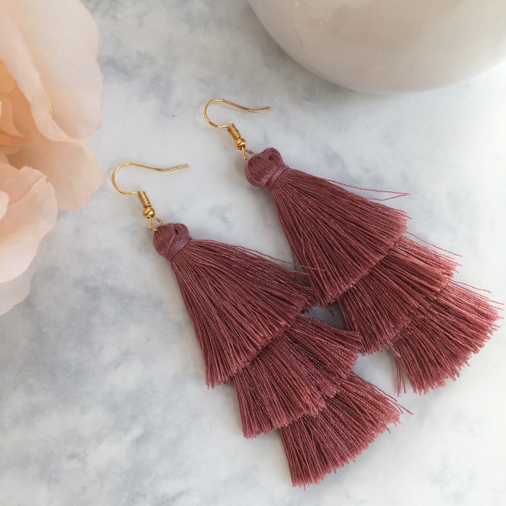 Tiered Tassel Drop Dusty Rose Dangle Earrings - Picture 8 of 8